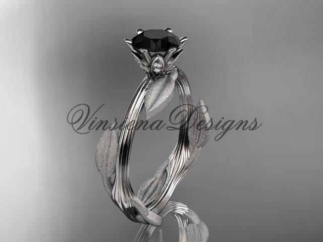 Unique Platinum leaf and vine engagement ring, Enhanced Black Diamond ADLR343