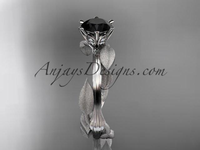 Unique platinum leaf and vine engagement ring, wedding ring with a Black Diamond center stone ADLR343 - AnjaysDesigns