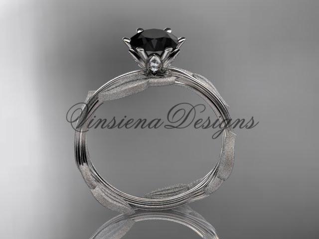 Unique Platinum leaf and vine engagement ring, Enhanced Black Diamond ADLR343