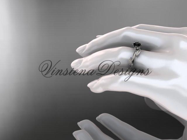 Unique Platinum leaf and vine engagement ring, Enhanced Black Diamond ADLR343