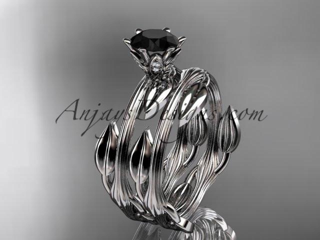 platinum leaf and vine wedding ring, engagement set with a Black Diamond center stone ADLR343S - AnjaysDesigns