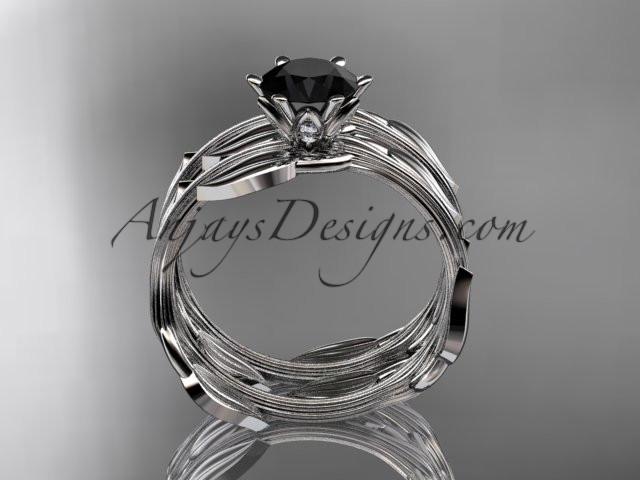14k white gold leaf and vine wedding ring, engagement set with a Black Diamond center stone ADLR343S - AnjaysDesigns