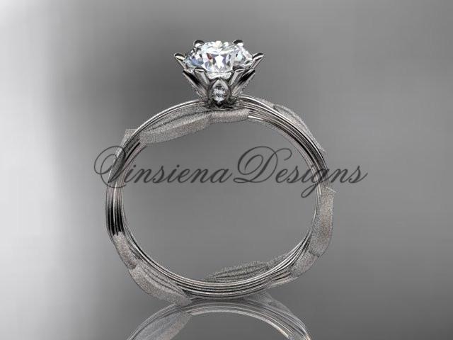 Unique Platinum leaf and vine engagement ring, "Forever One" Moissanite ADLR343