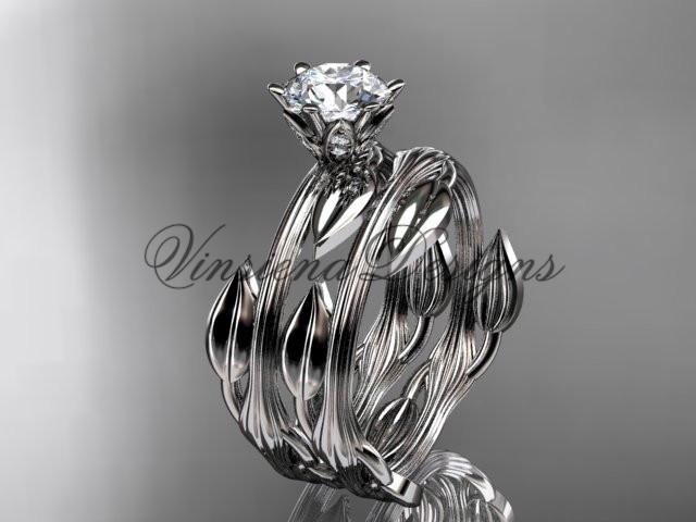 Platinum leaf wedding ring, engagement set, "Forever One" Moissanite ADLR343S