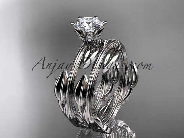 platinum leaf and vine wedding ring, engagement set with a "Forever One" Moissanite center stone ADLR343S - AnjaysDesigns