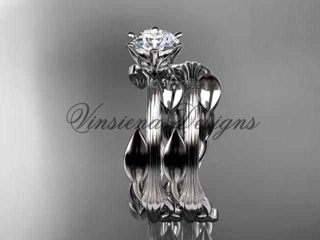 Platinum leaf wedding ring, engagement set, "Forever One" Moissanite ADLR343S