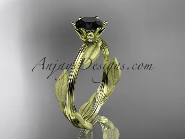 Unique 14k yellow gold leaf and vine engagement ring, wedding ring with a Black Diamond center stone ADLR343 - AnjaysDesigns