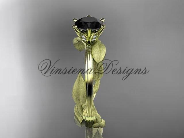 14kt yellow gold leaf and vine engagement ring, Enhanced Black Diamond ADLR343