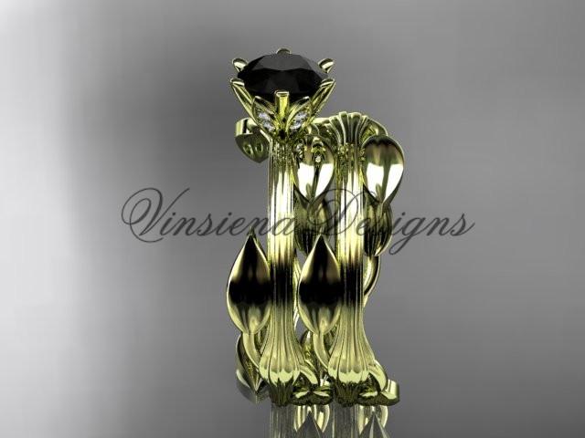14kt yellow gold wedding ring, engagement set, Enhanced Black Diamond ADLR343S