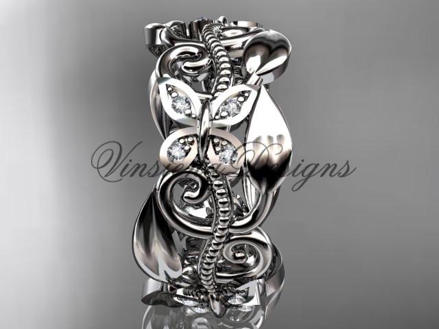 Platinum leaf and vine, butterfly wedding ring, wedding band ADLR346B