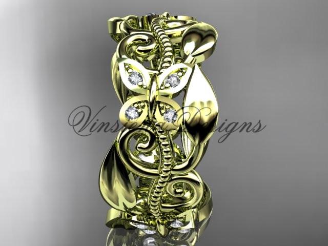 14k yellow gold leaf and vine, butterfly wedding ring, wedding band ADLR346B