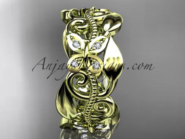 14kt yellow gold leaf and vine, butterfly wedding ring,wedding band ADLR346B - AnjaysDesigns