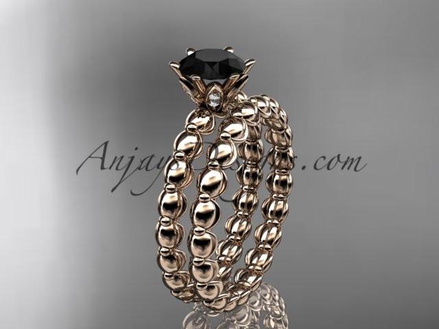 14k rose gold diamond wedding ring, engagement set with a Black Diamond center stone ADLR34S - AnjaysDesigns