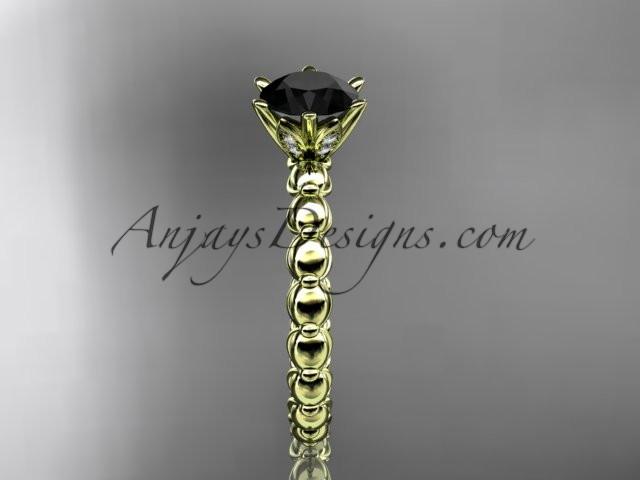 14k yellow gold diamond vine and leaf wedding ring, engagement ring with Black Diamond center stone ADLR34 - AnjaysDesigns
