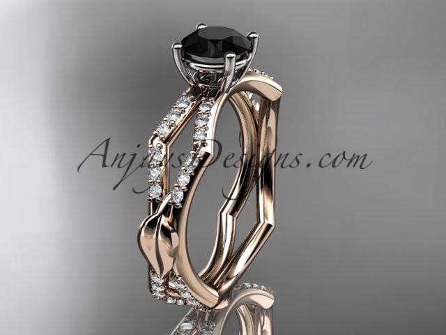 14k rose gold diamond leaf and vine wedding ring,engagement ring with a Black Diamond center stone ADLR353 - AnjaysDesigns
