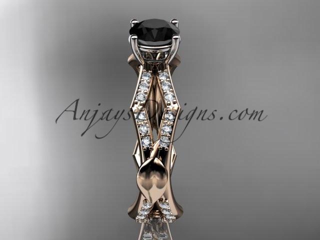 14k rose gold diamond leaf and vine wedding ring,engagement ring with a Black Diamond center stone ADLR353 - AnjaysDesigns