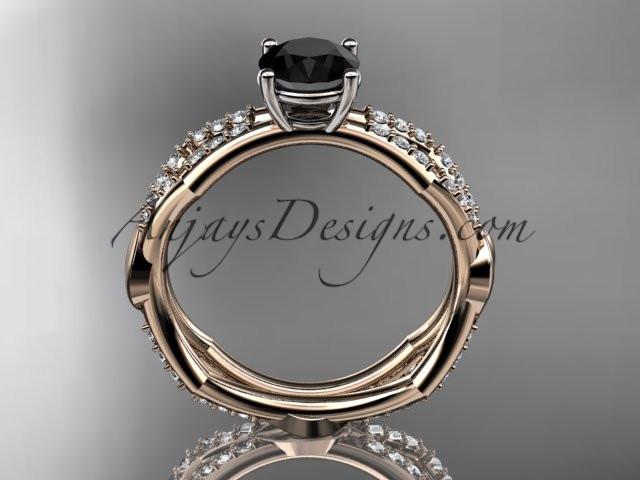 14k rose gold diamond leaf and vine wedding ring,engagement ring with a Black Diamond center stone ADLR353 - AnjaysDesigns