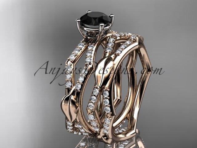 14k rose gold diamond leaf and vine wedding ring, engagement set with a Black Diamond center stone ADLR353S - AnjaysDesigns, Black Diamond Engagement Sets - Jewelry, Anjays Designs - AnjaysDesigns, AnjaysDesigns - AnjaysDesigns.co, 