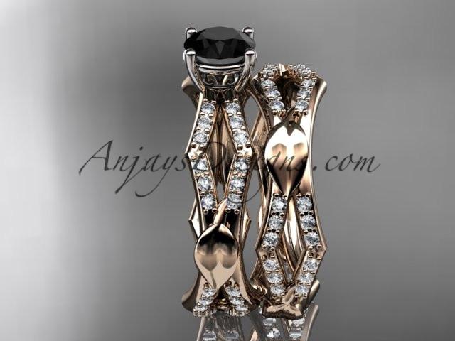 14k rose gold diamond leaf and vine wedding ring, engagement set with a Black Diamond center stone ADLR353S - AnjaysDesigns, Black Diamond Engagement Sets - Jewelry, Anjays Designs - AnjaysDesigns, AnjaysDesigns - AnjaysDesigns.co, 