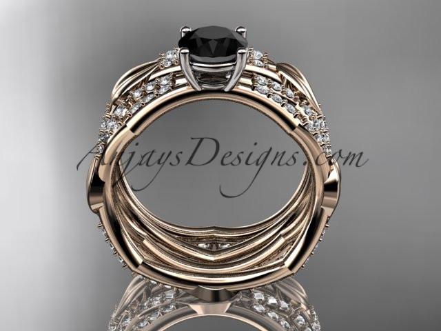 14k rose gold diamond leaf and vine wedding ring, engagement set with a Black Diamond center stone ADLR353S - AnjaysDesigns, Black Diamond Engagement Sets - Jewelry, Anjays Designs - AnjaysDesigns, AnjaysDesigns - AnjaysDesigns.co, 