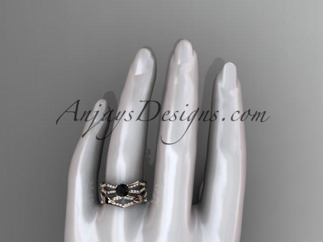 14k rose gold diamond leaf and vine wedding ring, engagement set with a Black Diamond center stone ADLR353S - AnjaysDesigns, Black Diamond Engagement Sets - Jewelry, Anjays Designs - AnjaysDesigns, AnjaysDesigns - AnjaysDesigns.co, 