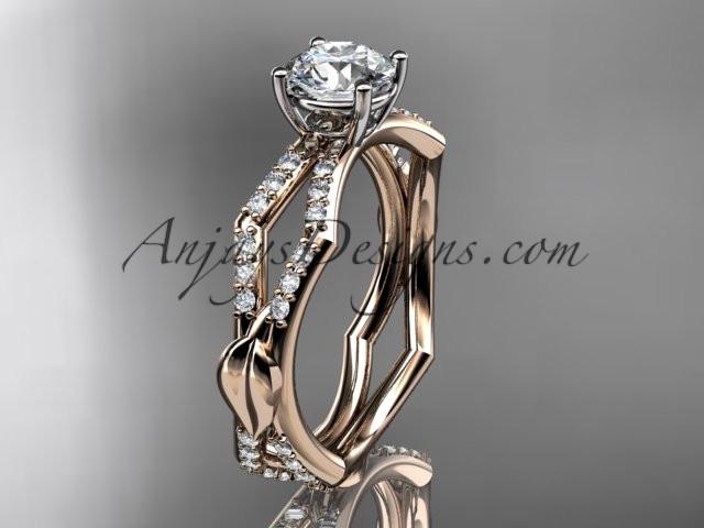 14k rose gold diamond leaf and vine wedding ring,engagement ring with a "Forever One" Moissanite center stone ADLR353 - AnjaysDesigns
