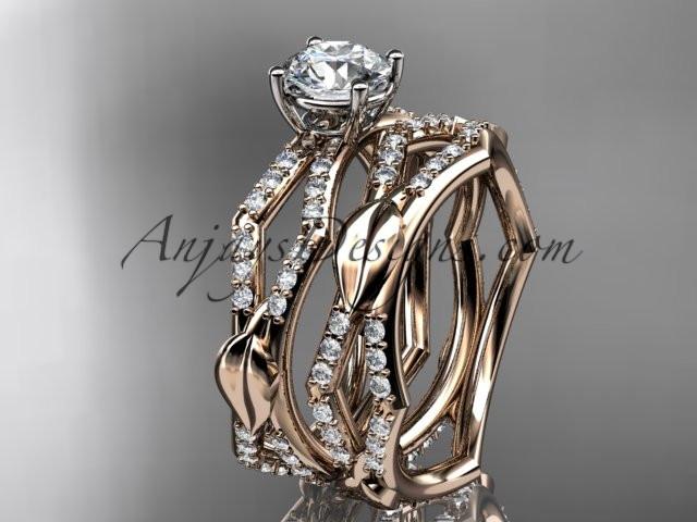 14k rose gold diamond leaf and vine wedding ring, engagement set with a "Forever One" Moissanite center stone ADLR353S - AnjaysDesigns, Moissanite Engagement Sets - Jewelry, Anjays Designs - AnjaysDesigns, AnjaysDesigns - AnjaysDesigns.co, 