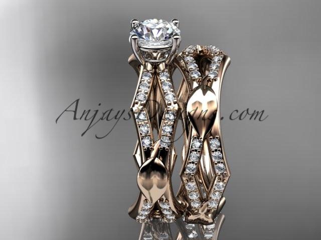 14k rose gold diamond leaf and vine wedding ring, engagement set with a "Forever One" Moissanite center stone ADLR353S - AnjaysDesigns, Moissanite Engagement Sets - Jewelry, Anjays Designs - AnjaysDesigns, AnjaysDesigns - AnjaysDesigns.co, 