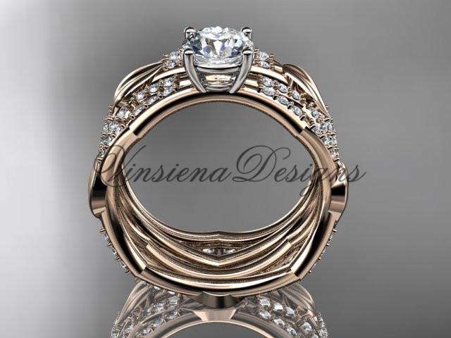 14kt rose gold diamond leaf and vine wedding ring, engagement set ADLR353S