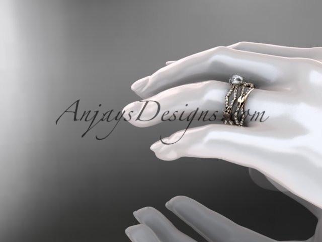 14k rose gold diamond leaf and vine wedding ring, engagement set with a "Forever One" Moissanite center stone ADLR353S - AnjaysDesigns, Moissanite Engagement Sets - Jewelry, Anjays Designs - AnjaysDesigns, AnjaysDesigns - AnjaysDesigns.co, 