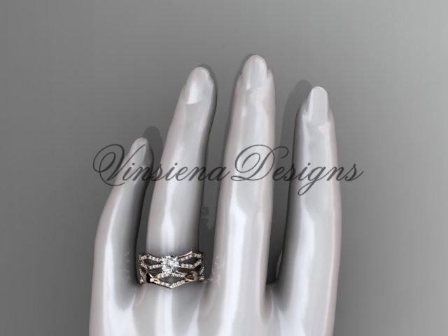 14kt rose gold diamond leaf and vine wedding ring, engagement set ADLR353S