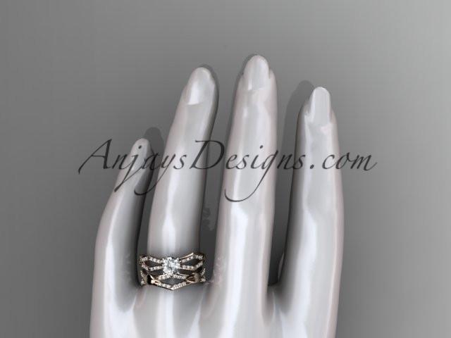 14k rose gold diamond leaf and vine wedding ring, engagement set with a "Forever One" Moissanite center stone ADLR353S - AnjaysDesigns, Moissanite Engagement Sets - Jewelry, Anjays Designs - AnjaysDesigns, AnjaysDesigns - AnjaysDesigns.co, 