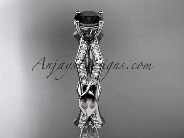 14k white gold diamond leaf and vine wedding ring,engagement ring with a Black Diamond center stone ADLR353 - AnjaysDesigns