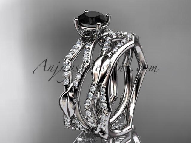 14k white gold diamond leaf and vine wedding ring, engagement set with a Black Diamond center stone ADLR353S - AnjaysDesigns
