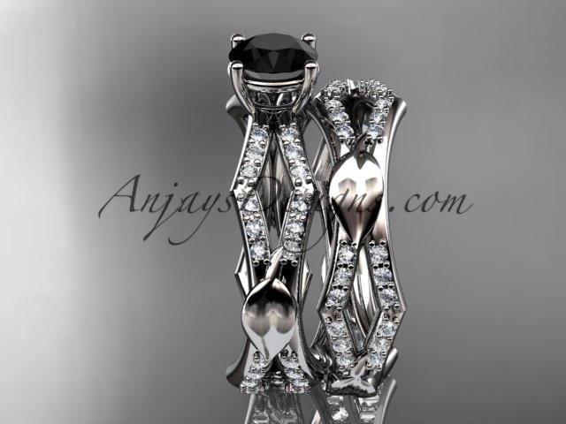 platinum diamond leaf and vine wedding ring, engagement set with a Black Diamond center stone ADLR353S - AnjaysDesigns