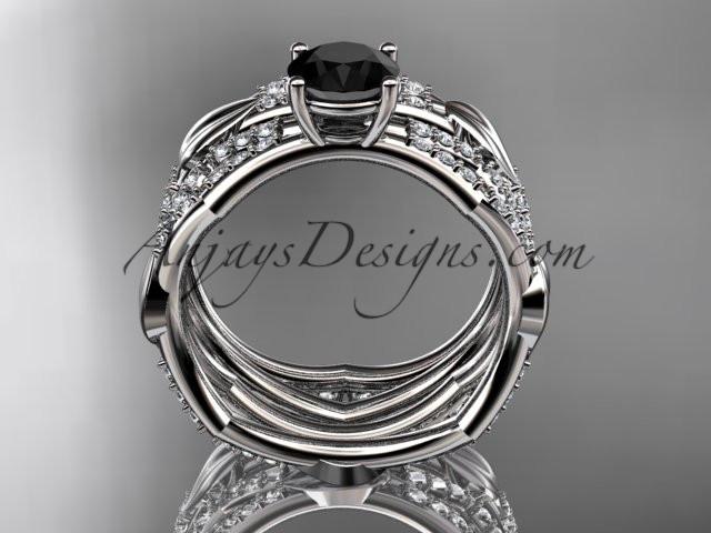 platinum diamond leaf and vine wedding ring, engagement set with a Black Diamond center stone ADLR353S - AnjaysDesigns