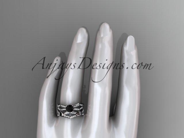 platinum diamond leaf and vine wedding ring, engagement set with a Black Diamond center stone ADLR353S - AnjaysDesigns