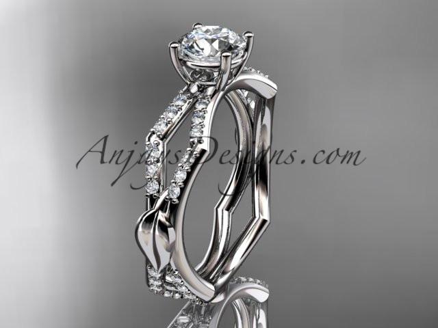 14k white gold diamond leaf and vine wedding ring,engagement ring with a "Forever One" Moissanite center stone ADLR353 - AnjaysDesigns
