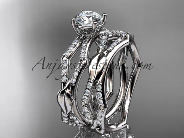 14k white gold diamond leaf and vine wedding ring, engagement set ADLR353S - AnjaysDesigns