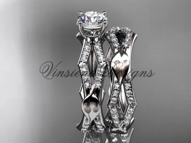 14kt white gold diamond leaf and vine wedding ring, engagement set ADLR353S