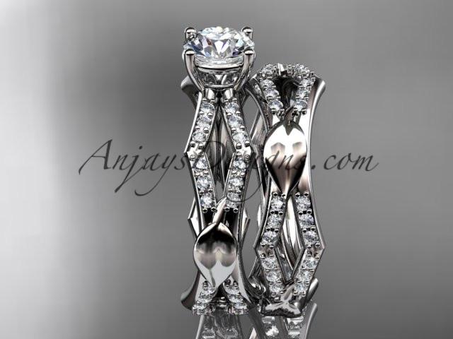 14k white gold diamond leaf and vine wedding ring, engagement set ADLR353S - AnjaysDesigns