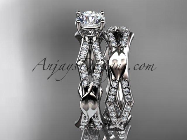 platinum diamond leaf and vine wedding ring, engagement set with a "Forever One" Moissanite center stone ADLR353S - AnjaysDesigns