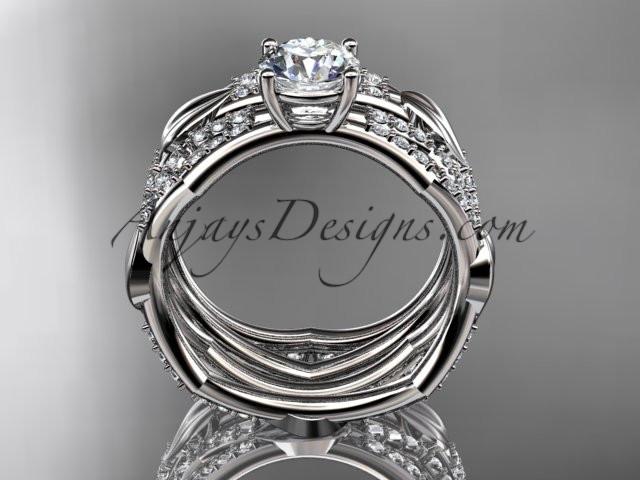 platinum diamond leaf and vine wedding ring, engagement set with a "Forever One" Moissanite center stone ADLR353S - AnjaysDesigns