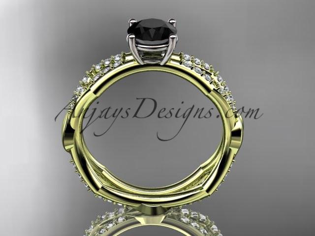 14k yellow gold diamond leaf and vine wedding ring,engagement ring with a Black Diamond center stone ADLR353 - AnjaysDesigns