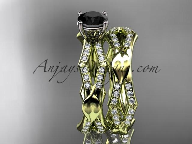 14k yellow gold diamond leaf and vine wedding ring, engagement set with a Black Diamond center stone ADLR353S - AnjaysDesigns