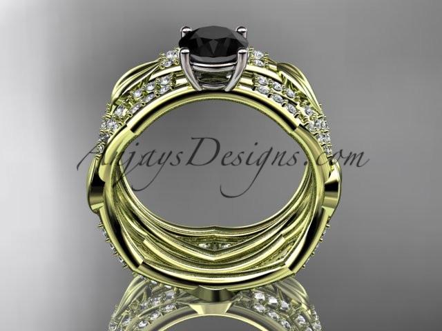 14k yellow gold diamond leaf and vine wedding ring, engagement set with a Black Diamond center stone ADLR353S - AnjaysDesigns