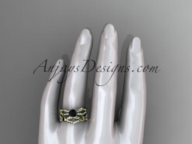14k yellow gold diamond leaf and vine wedding ring, engagement set with a Black Diamond center stone ADLR353S - AnjaysDesigns