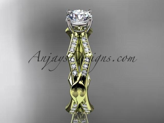 14k yellow gold diamond leaf and vine wedding ring,engagement ring with a "Forever One" Moissanite center stone ADLR353 - AnjaysDesigns