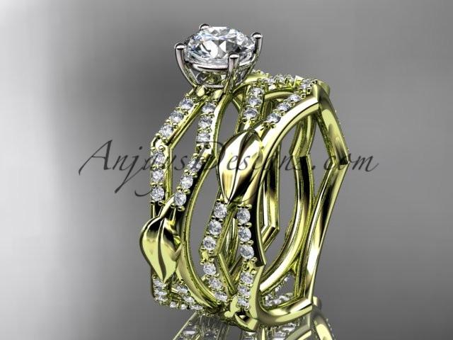 14k yellow gold diamond leaf and vine wedding ring, engagement set with a "Forever One" Moissanite center stone ADLR353S - AnjaysDesigns