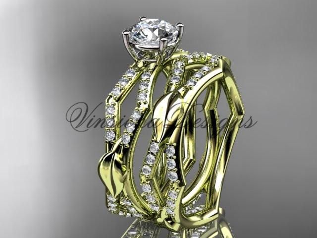 14kt yellow gold diamond leaf and vine wedding ring, engagement set ADLR353S